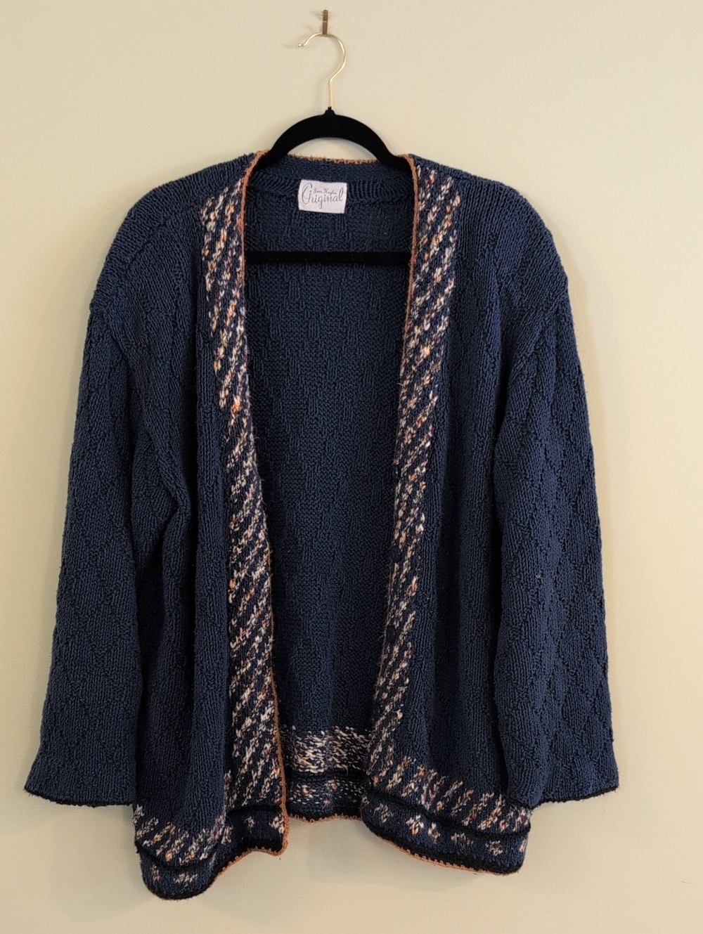 Navy Open-Front Cardigan with Cream and Pink Trim